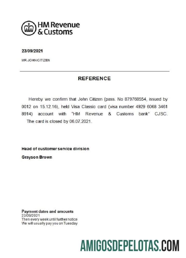 Referência de fechamento aduaneiro e receita HM do Reino Unido exemplo real